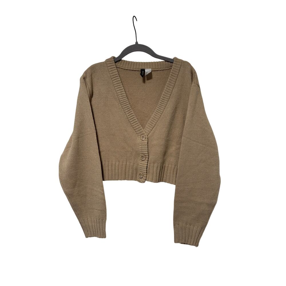H&M Divided Beige Cropped Button Front Cardigan Women’s Balloon Sleeve - Picture 2 of 9